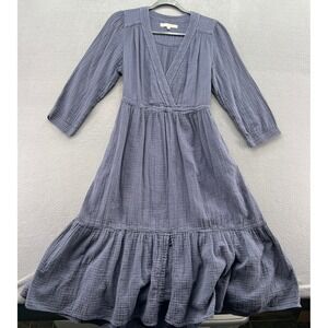 Xirena Dresss Gauze Midi Purple Slate Blue Tiered Wrap V-Neck Pockets Large